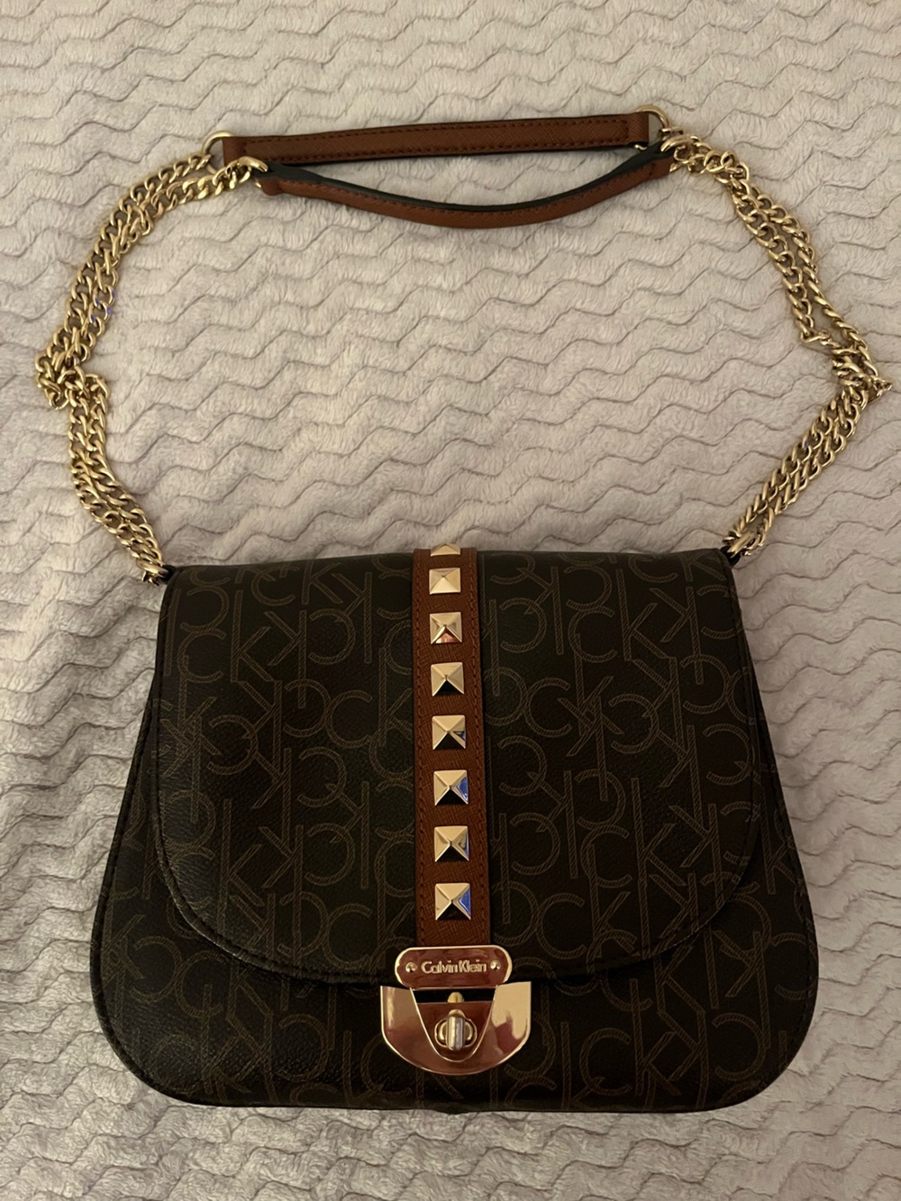Calvin Klein Brown Logo Crossbody with Gold Chain and Stud Trim